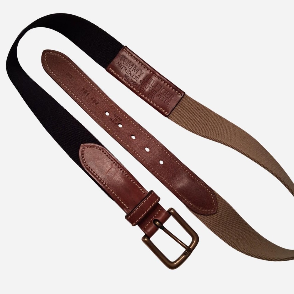 Mens Tommy Hilfiger brown leather belt brass buckle with navy and tan fabric